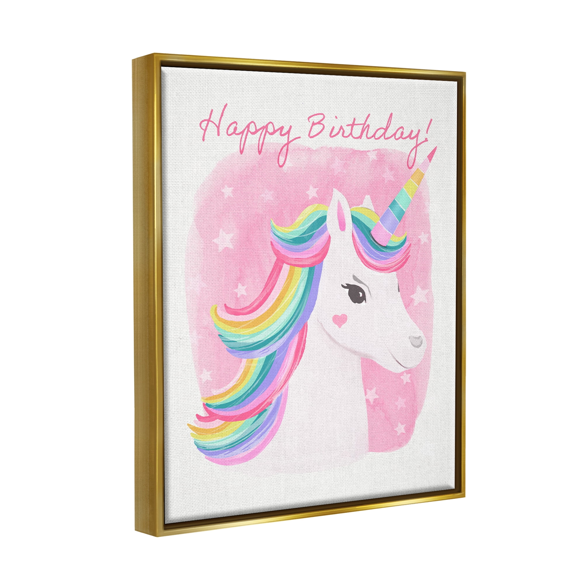 Stupell Industries Happy Birthday Unicorn Fairy Tales & Fantasy Painting Gold Floater Framed Art Print Wall Art, 25 x 31