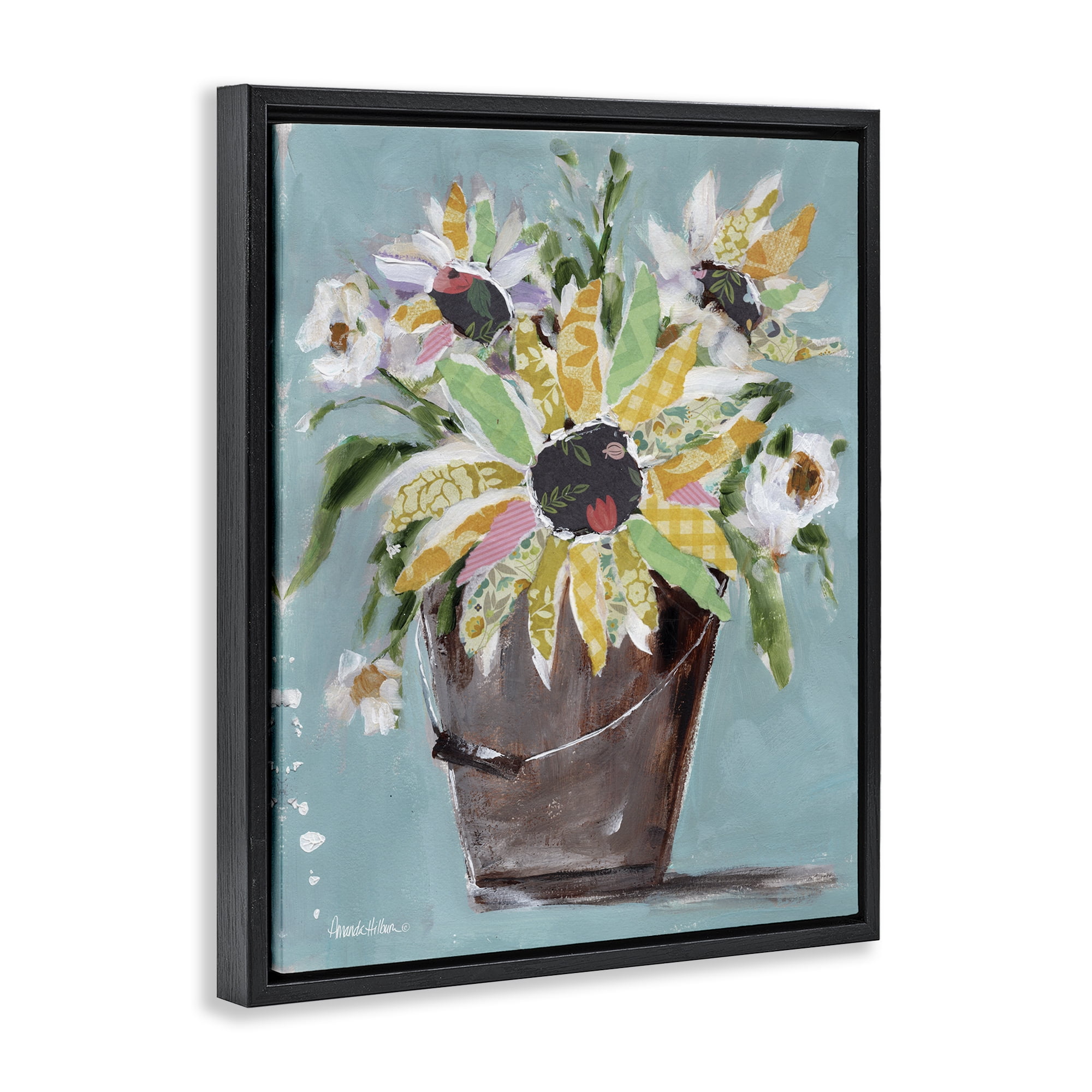 Stupell Industries Flower Bucket Bouquet Botanical & Floral Painting Black Floater Framed Art Print Wall Art, 17 x 21