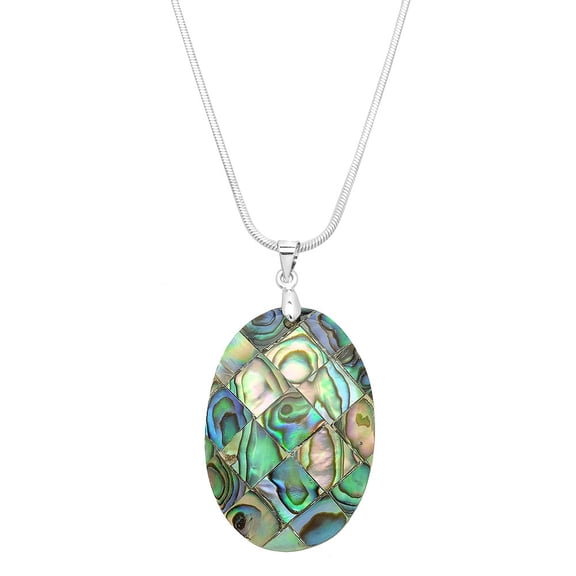 Oval Shape Abalone Shell Pendant Necklace Rhodium Plated 17 Inch Snake Chain J0743