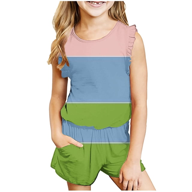 IFNWSV Ensembles d'Été pour Filles Mode Décontractée Sans Manches Col Rond Imprimé Ensembles de Shorts 5-6 Ans