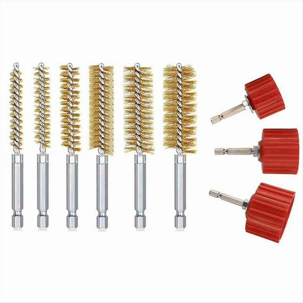 Limpiador de Tuberías de Cobre 9 Piezas 1/2 Pulgada, 3/4 Pulgada y 1 Pulgada para Taladro Eléctrico, Cepillo de Limpieza de Tubos, con Cepillos de Alambre de Cobre para Orificios