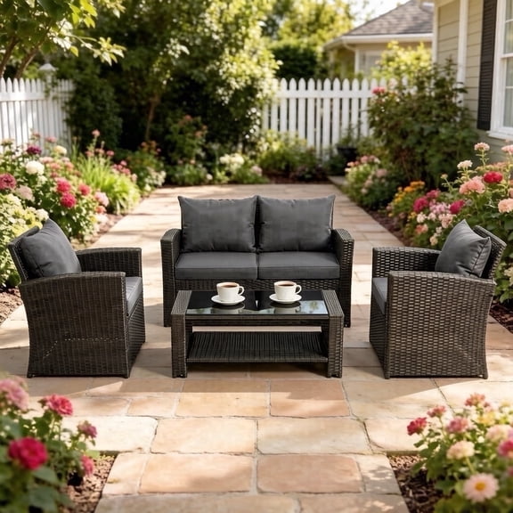 Gasee Wicker Patio Furniture Set, 4 Piece Outdoor Sectional Conversation Sets, Gray PE Rattan Patio Sofa Set for Balcony, Porch, Backyard, Gray