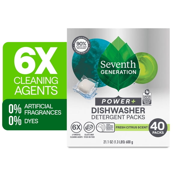 Seventh Generation Power Plus Dishwasher Detergent Pods, Fresh Citrus, 40 Count