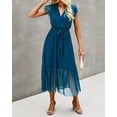 thumbnail image 6 of FreshPrettyWomen Summer Bohemian Floral Casual Wrap V Neck Ruffle Cap Sleeveless Belt A-Line Pleated Hem Midi Sun Dress White, 6 of 7