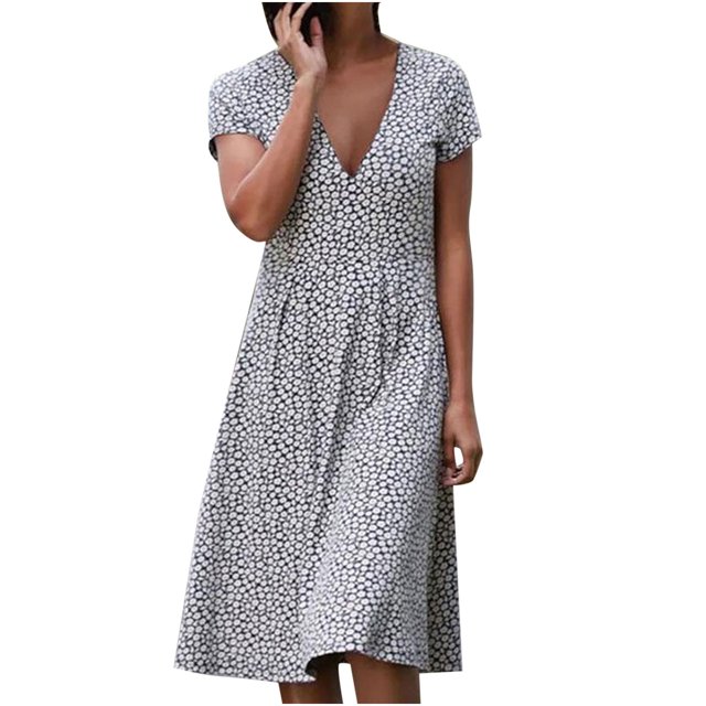 EQWLJWE Robes d'Été pour Femmes 2022 Mode Robe d'Été Décontractée Col en V Imprimé Floral Manches Courtes Robe Ample Invité de Mariage pour Femmes