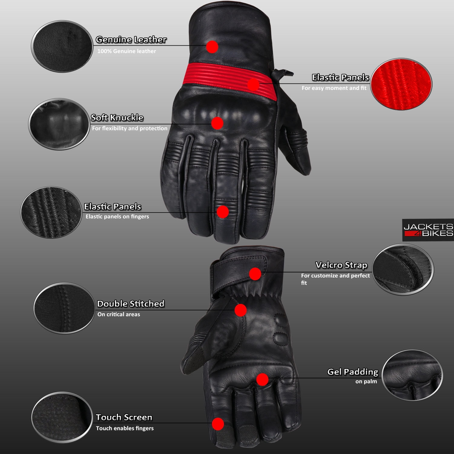 Jackets 4 Bikes Men's Motorcycle Gloves Premium Leather Street Protective Cruiser Gel Padded Driving Riding Biker Gloves BlackRed S