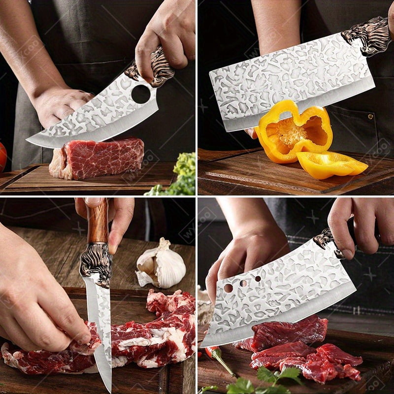 6PCS Professional Kitchen Chef Knife Set Including Stainless Steel Forged Utility Boning Fish and Meat Cleaver Vegetable Chopper Cutting Knife for Cooking and Food Preparation