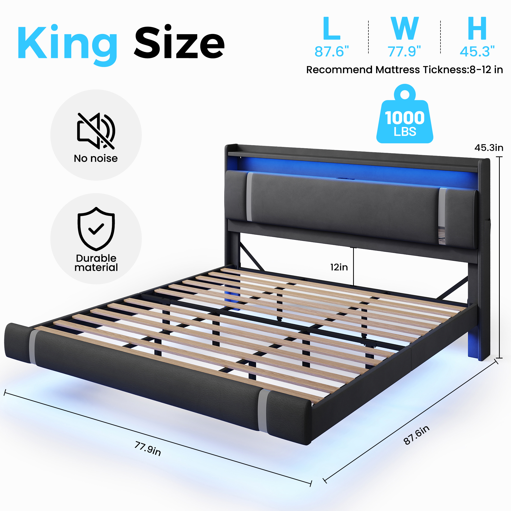 NEGYLIM Floating Bed Frame King Size with LED Lights, Easy to Assemble, Metal Platform Bed with Storage Headboard, No Box Spring Needed, Black