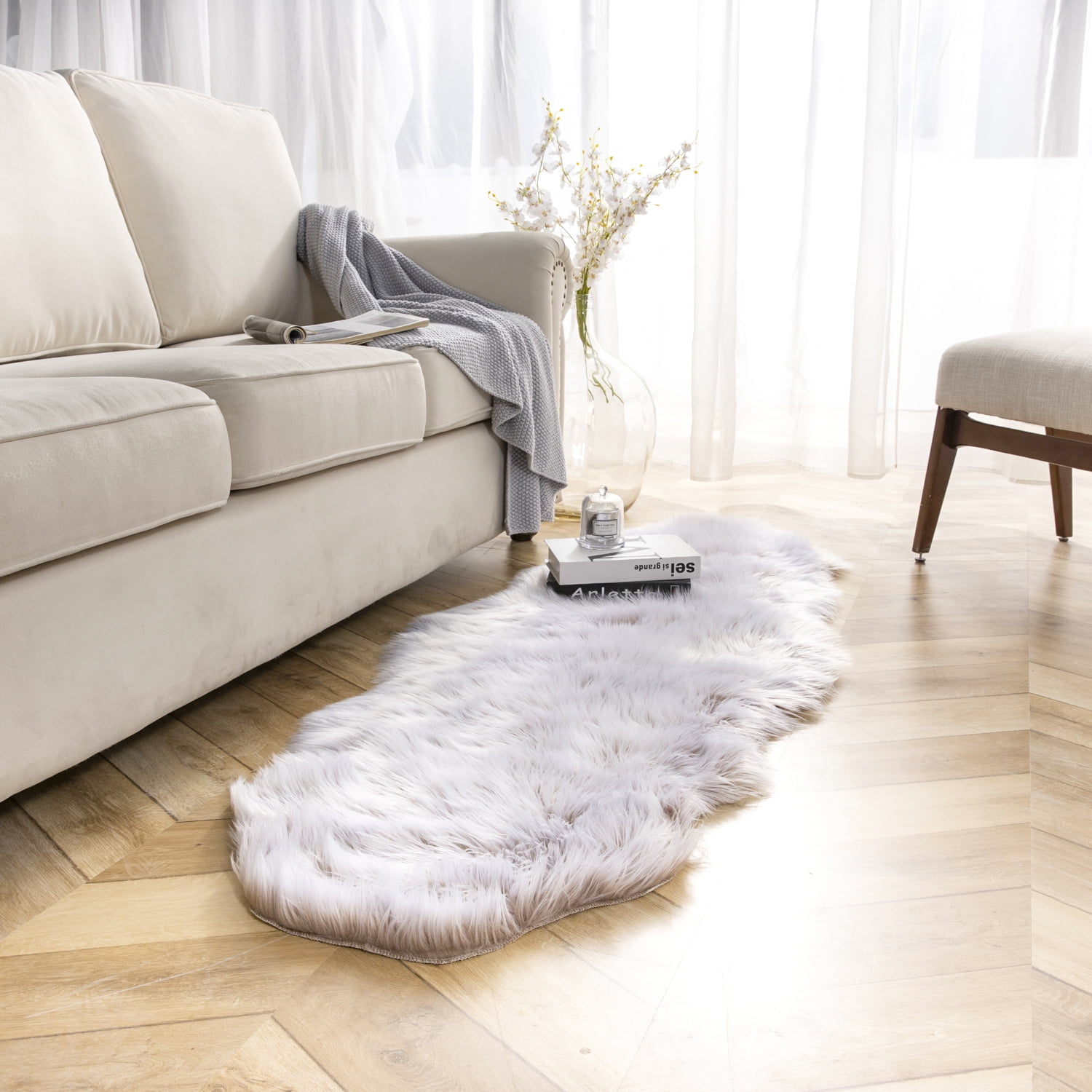 Deluxe Ultra Soft Faux Sheepskin Fur Series Fluffy Decorative Indoor Shag Area Rug, 2 x 6 Feet, Beige and White, 1 Pack