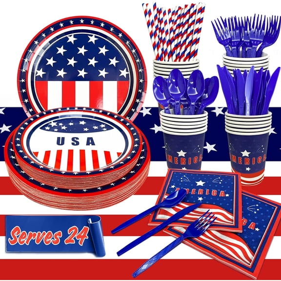 24 Serving American Flag Disposable Tableware Set | Patriotic Plates Cups Napkins Cutlery with Tablecloth, for 4th of July, Memorial Day, Veterans Day BBQ Party Supplies