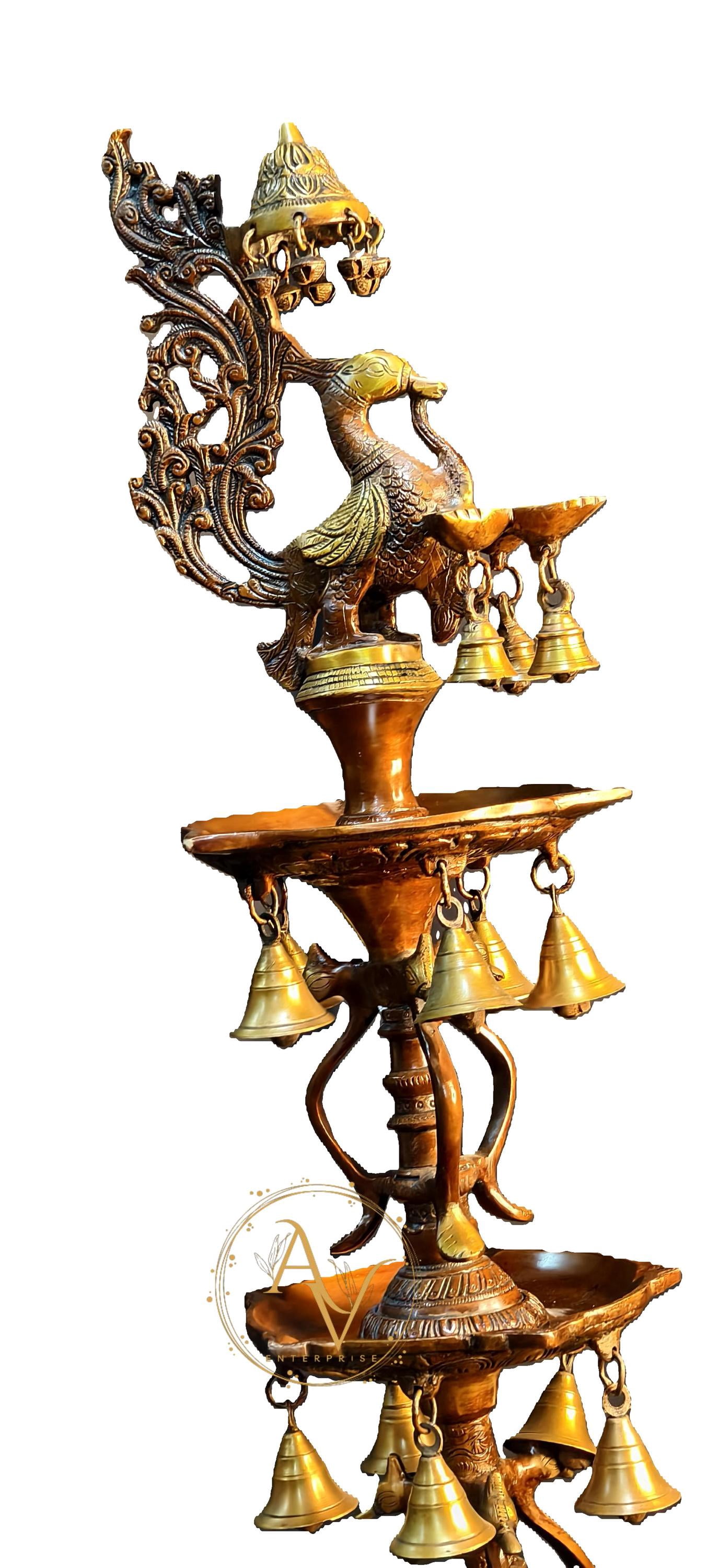 Brass Diya, 40.5 inches Brass Oil Lamp with Peacock & Elephent in Antique Finish, beautiful Brass Diya with hanging bells, home decor gift..
