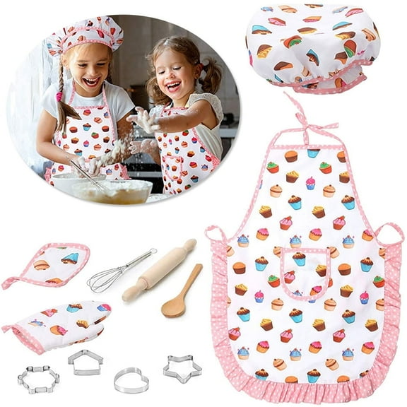Tcwhniev Kids Cooking Chef Hat and Apron Baking Set for Girls