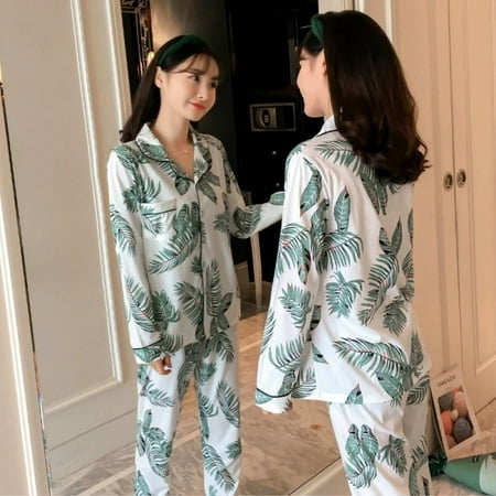 

Final Clear Out!Fashion Leaf Print Loose Casual Suit Home Service Button Cardigan Suit Pajamas Two-piece