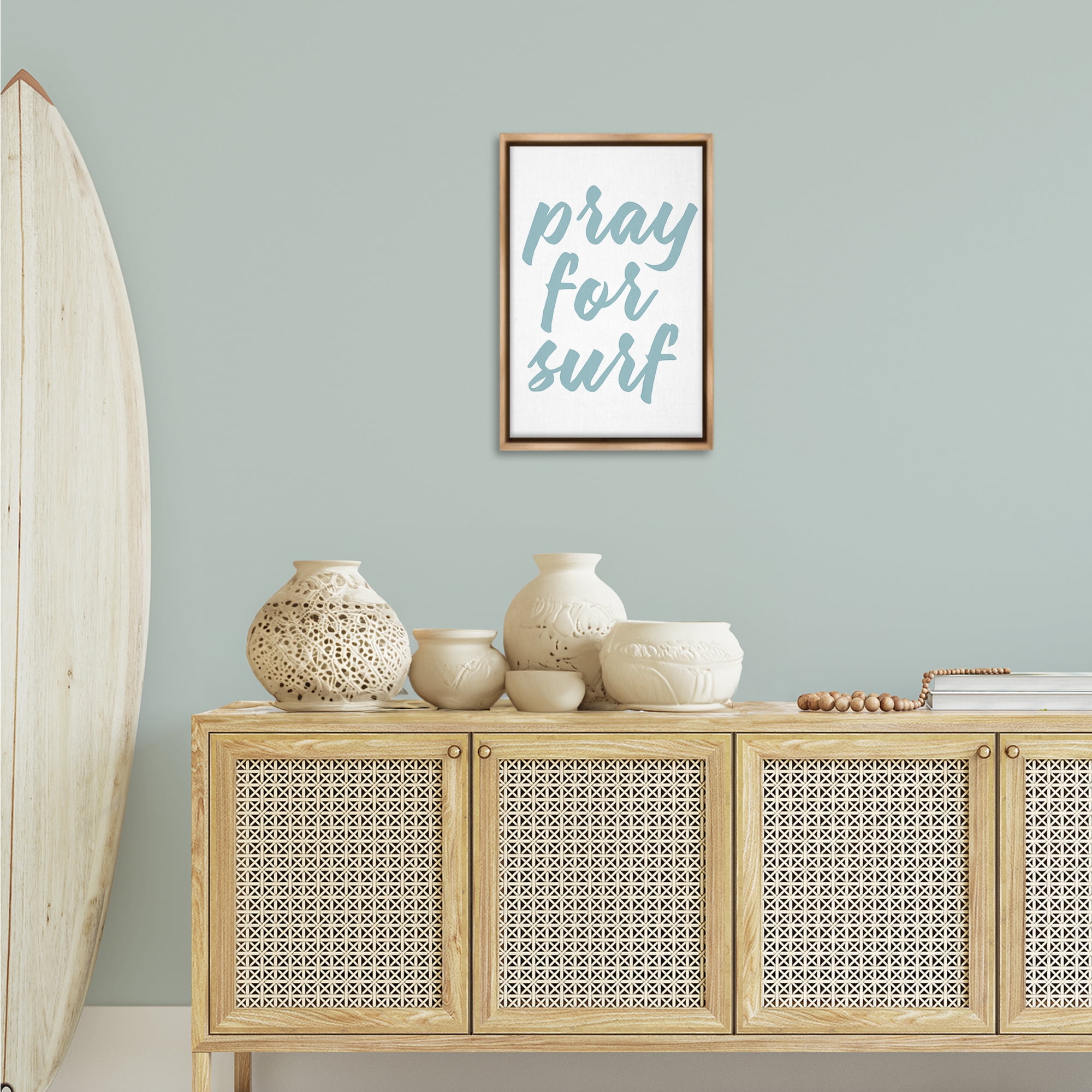 Stupell Industries Pray For Surf Typography Painting Brown Floater Framed Canvas Art Print Wall Art, 17 x 25
