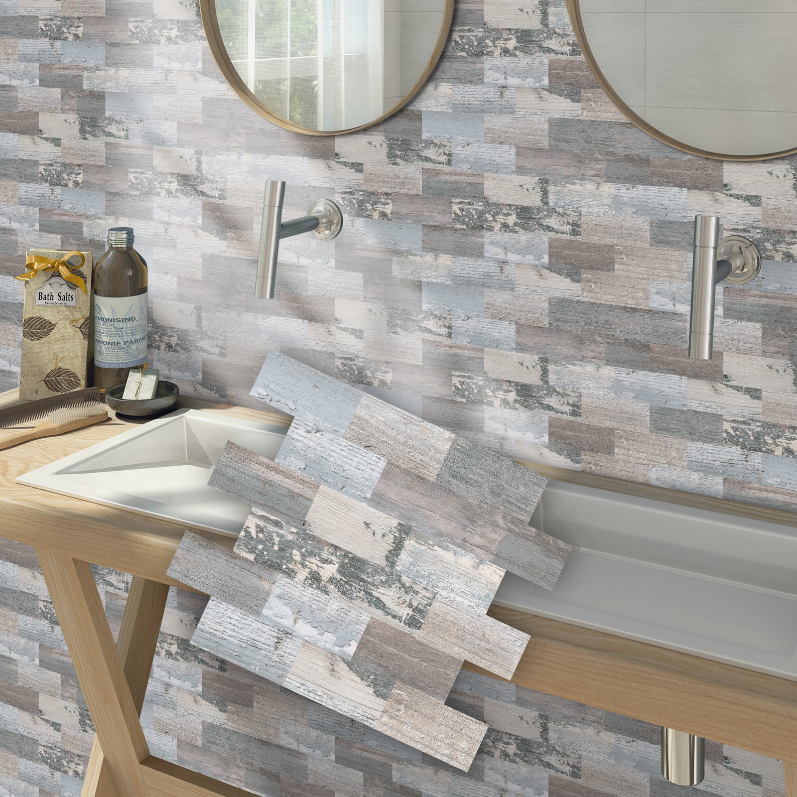 DEWOO 10-Sheet Peel and Stick Backsplash Wall Tile Self Adhesive, Stickon Tile for Kitchen Backplash, Bathroom Vanities, Fireplace Decor, Laundry Table, Stair Decals in Spruce Grey Rustic