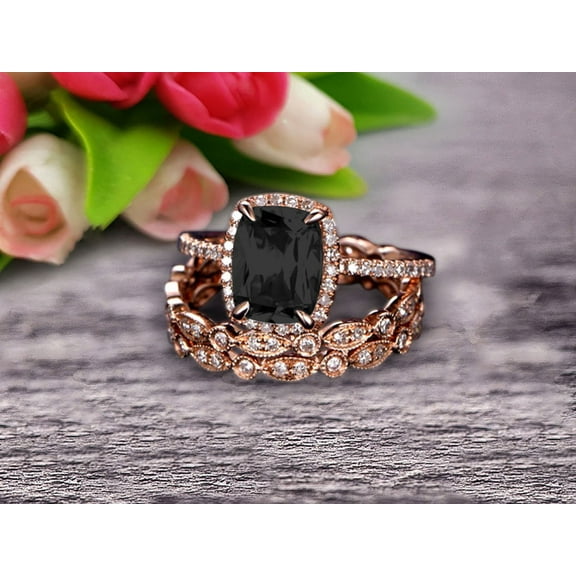 3Pcs Black Diamond Moissanite 3.05 Carat Trio Ring Set Engagement Ring On Solid 10k Rose Gold Full Eternity Ring Art Deco Milgrain Promise Ring