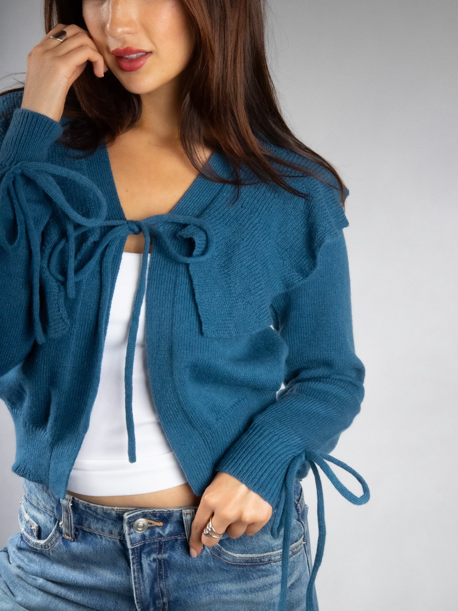DARING DIVA Women's Stylish Lightweight Flouncy Tie Cardigan M Dark Teal