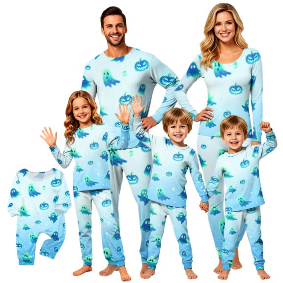 Matching Halloween Pajamas Set for Whole Family, Breathable Long Sleeve Halloween Family Pajamas with Ghost Pumpkin Print, Fun Family Halloween Pajama Set Party