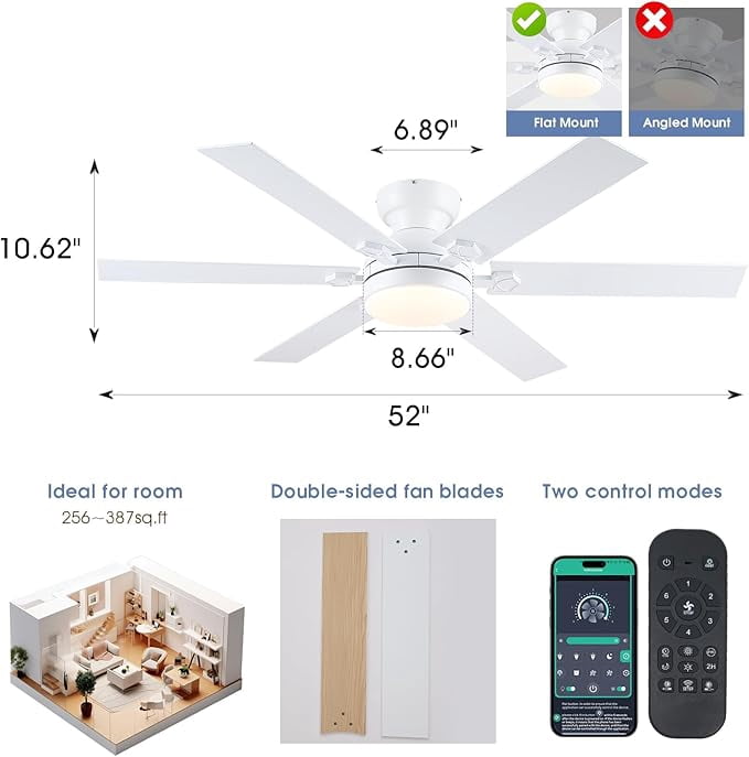 YIOSI 52" White Ceiling Fan with LED Lights, Remote/App Control, Quiet DC Motor, Energy Efficient