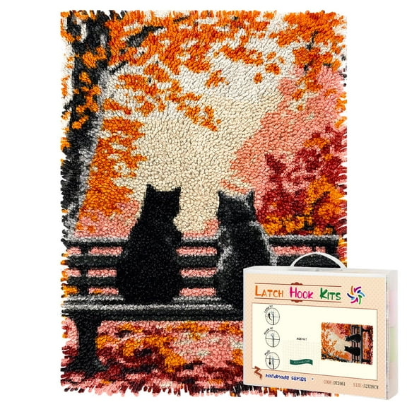 Latch Hook Rug Kit Cute Black Cats Sitting on Bench Autumn Tree Pre-printed Handmade Carpet Crochet Yarn Craft DIY Hook and Latch Door Mat Tapestry for Home Floor Decoration 52x38cm-1