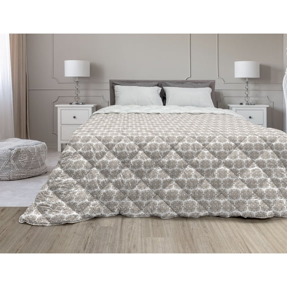 Taupe Down Alternative Comforter, Simple Pattern Ring Shapes Grungy Display with Brushstrokes Vintage Style, Microfiber Quilt for All Season, 5 Sizes, Taupe White, by Ambesonne