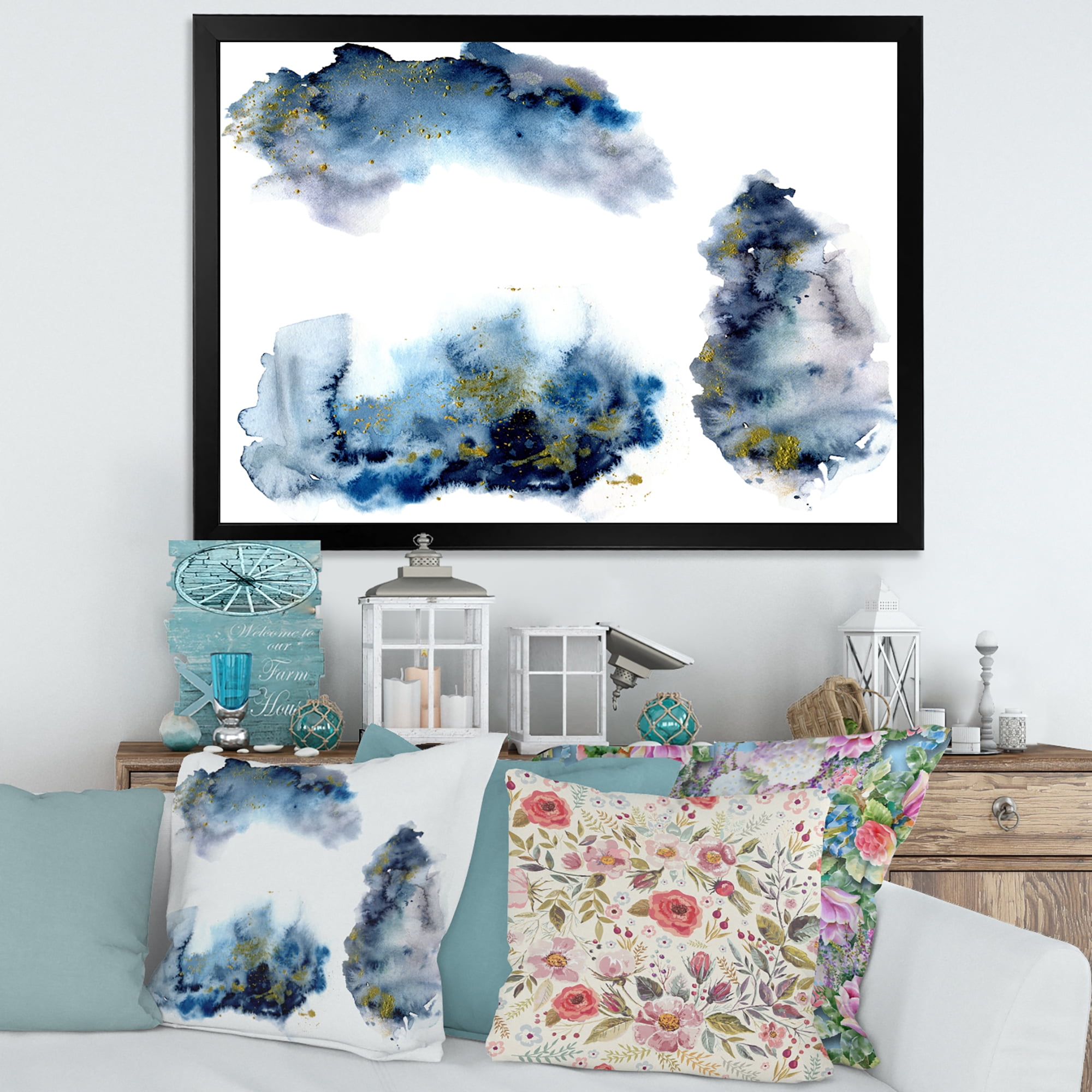 Designart 'Gray and Blue Clouds With Golden Glitter' Modern Framed Art Print