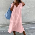 thumbnail image 2 of Elainilye Fashion Summer Dresses for Women Casual Looes V-Neck Short Sleeve Long Dress Solid Pleated Dresses,Pink, 2 of 6