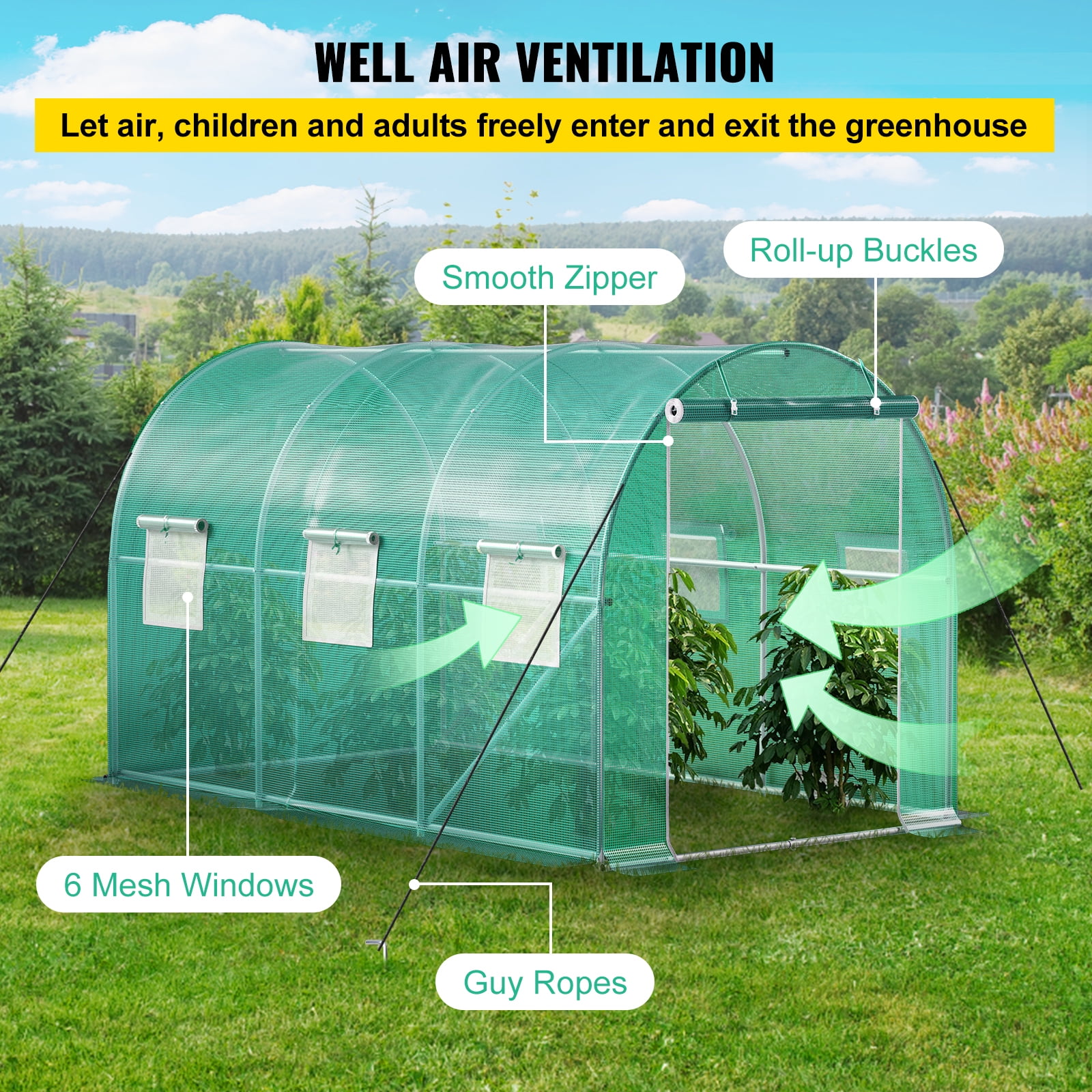 KFFKFF 12 x 7 x 7 ft Walk-in Tunnel Greenhouse, Portable Plant Shelter with Galvanized Steel Hoops, Top Beam, Diagonal Poles, Zippered Door & Roll-up Windows, Green