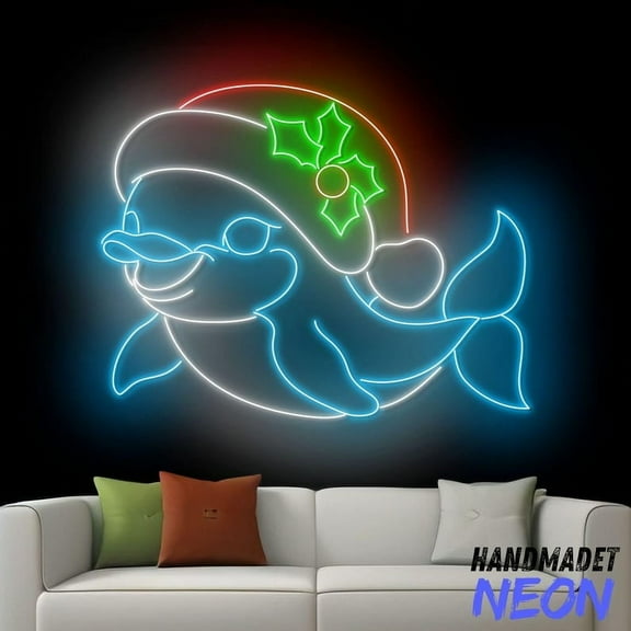 Handmadetneonsign Dolphin Christmas Hat Neon Sign, Christmas Dolphin Led Light, Merry Christmas Wall Decor 90027