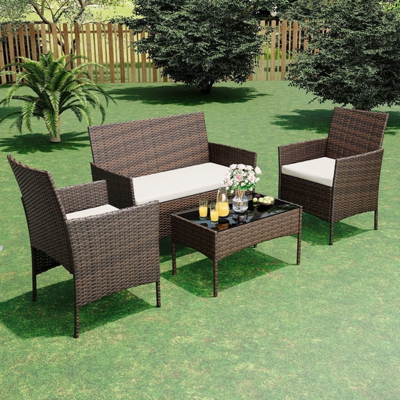 4 Piece Outdoor Patio Furniture Set, PE Rattan Wicker Chairs with Soft Cushions, Tempered Glass Coffee Table, All Weather Conversation Set for Garden Porch Poolside, Grey Beige