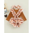 thumbnail image 4 of Franhais Infant Baby Girl Jumpsuit Set, Solid Color Ribbed Long Sleeve Romper + Flower Print Ruffled Suspender Shorts + Bow Headband, 4 of 8