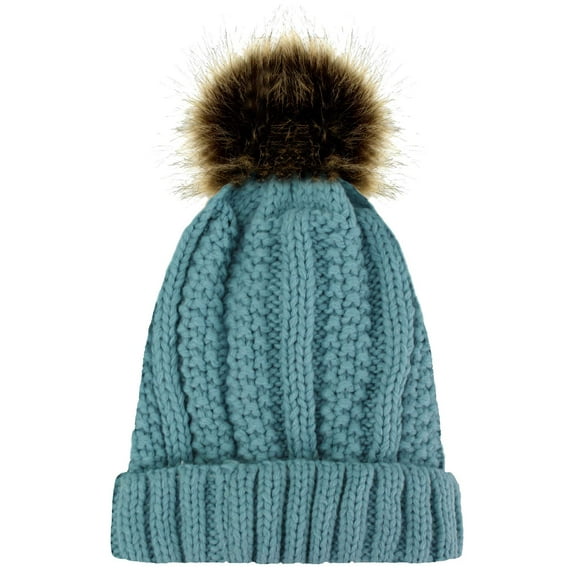 Blue Ribbed Knit Faux Fur Lined Beanie Cap Hat With Fur Pom Pom