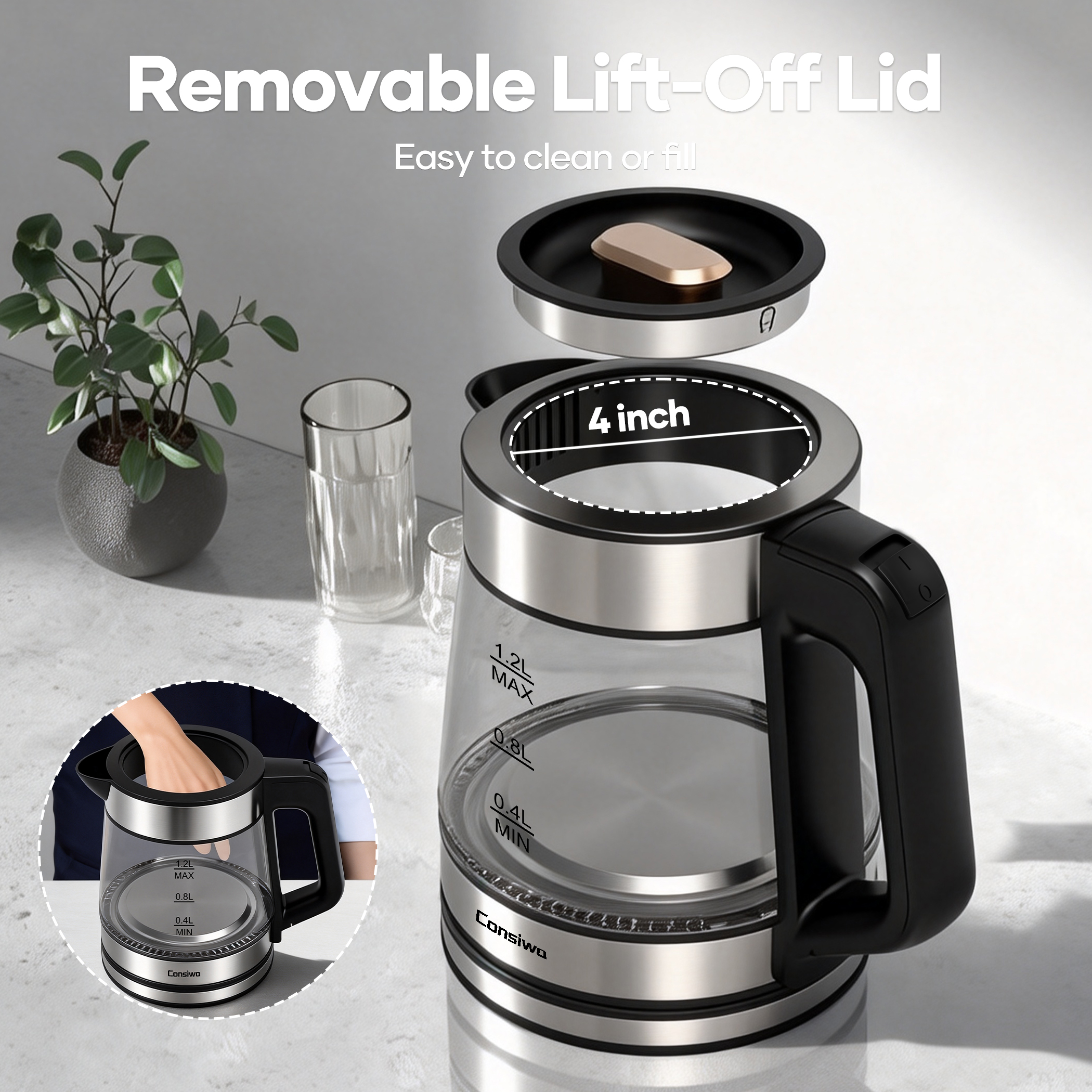 Consiwa Electric Kettle, 1.2L Glass Water Boiler photo 5