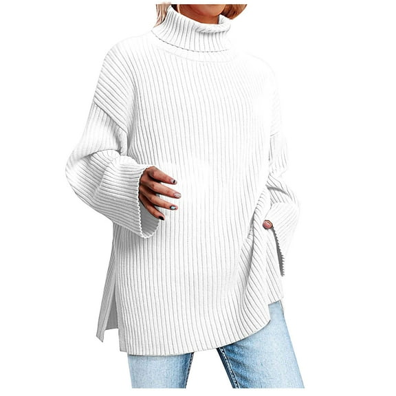 Solid Color High Neck Sweater for Women Long Sleeve Casual Knit Tops 2023 Winter Loose-Fi Pullover
