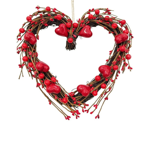 Valentine’s Day Wreath, 15” Heart Shaped Wreath with Red Berries & Pink Heart Accents for Wedding, Festival, & Door Decor, Red, Wreath