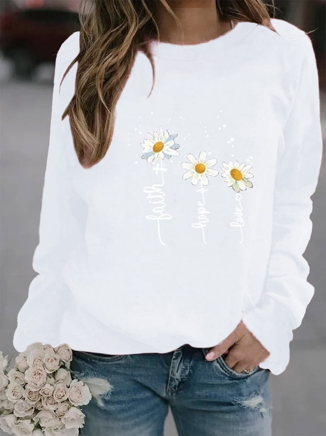 Felpa Girocollo Donna EADINVE Maniche Lunghe: Tunica Con Stampa Faith-Hope-Love E Margherite - Leggera In Cotone, Vestibilità Comoda (Blu Polvere, XX-Large)