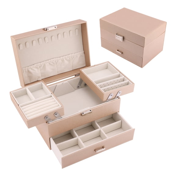 REGALWOVEN 3 Layer Jewelry Box for Women Girls Birthday Gifts, PU Leather Jewelry Organizer Case Storage Display Holder with Drawer Beige 9*6*5.5in