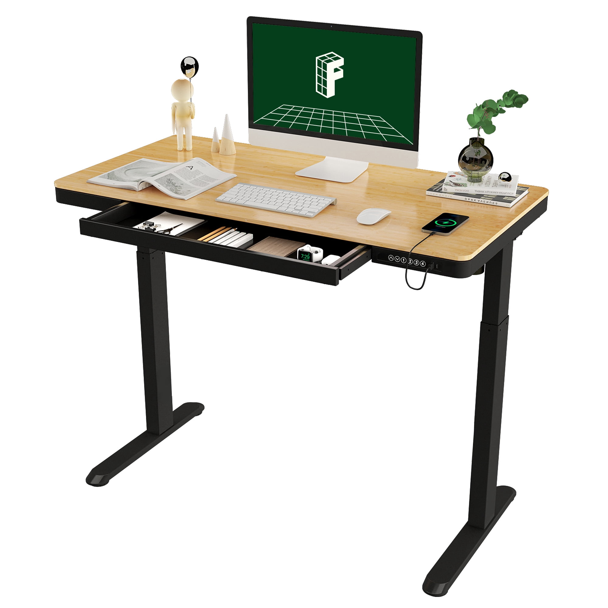 FLEXISPOT 48"x24" Black Home Office Height Adjustable Standing Desk Bamboo Texture Top with USB Charge Ports