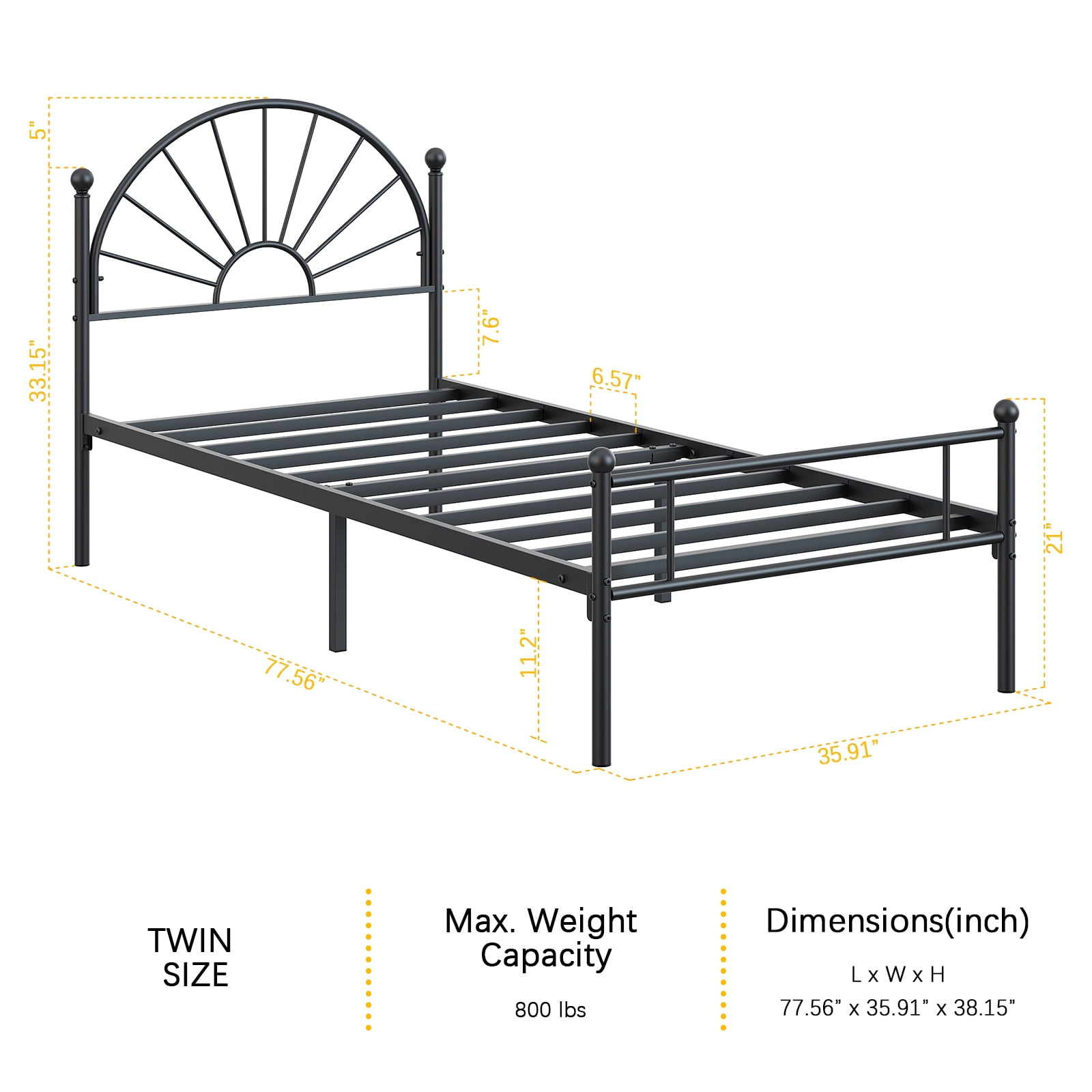 Yoneston Twin Metal Bed Frame with Unique Sun Curve Shape Headboard for Teens Kids Toddlers Bedroom Furniture, Black