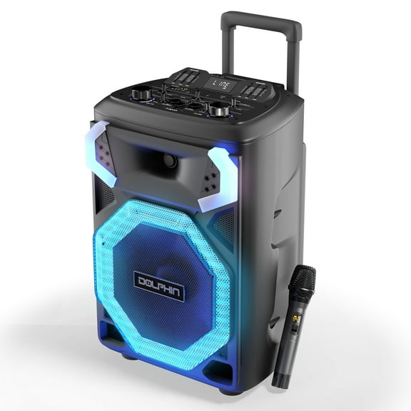 Dolphin High Powered Portable Bluetooth Speaker – 12-Inch Woofer, TWS, X-BASS, UHF Microphone, Dynamic LED Lights, Long Lasting Battery