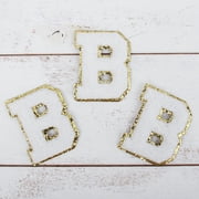 3 Pack Chenille Iron On Glitter Varsity Letter "B" Patches - White Chenille Fabric With Gold Glitter Trim - Sew or Iron on - 8 cm Tall