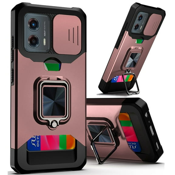 Designed for Motorola Moto G 5G 2024 Wallet Case with Ring Stand & Camera Cover Credit Card Holder, Military Grade Hard Shockproof Phone Case Cover [Rose Gold]