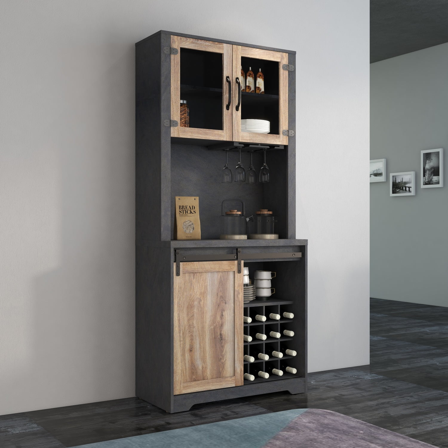 Kadyn 31 Inch Farmhouse Barn Door Bar Cabinet, Kitchen Buffet Storage Cabinet for Dining Room, Black Particle Board Coffee Bar Cabinet Kadyn 31 Inch Farmhouse Barn Door Bar Cabinet, Kitchen Buffet Storage Cabinet for Dining Room, Black Particle Board Coffee Bar Cabinet