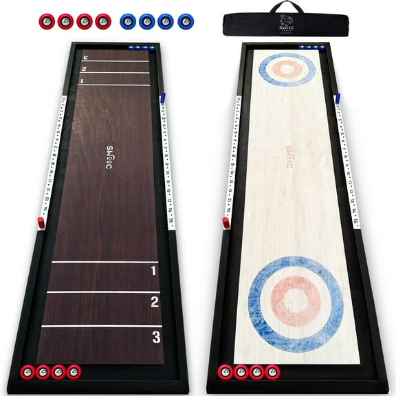 Swooc Games® | 2-in-1 Premium Shuffleboard & Curling | 100% Solid Wood Shuffleboard Table (4ft) | 5+ Ways To Play | Tabletop Games for Adults & Kids | Shuffle Board Game Table Top Game | Bar & Indoor