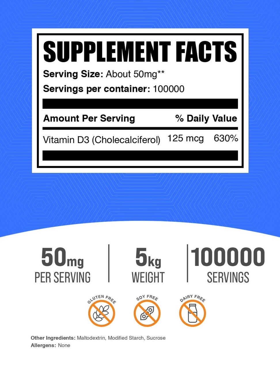 BulkSupplements Vitamin D3 (Cholecalciferol) Powder - 50mg per Serving - 5 Kilograms (11 lbs) - 100000 Servings