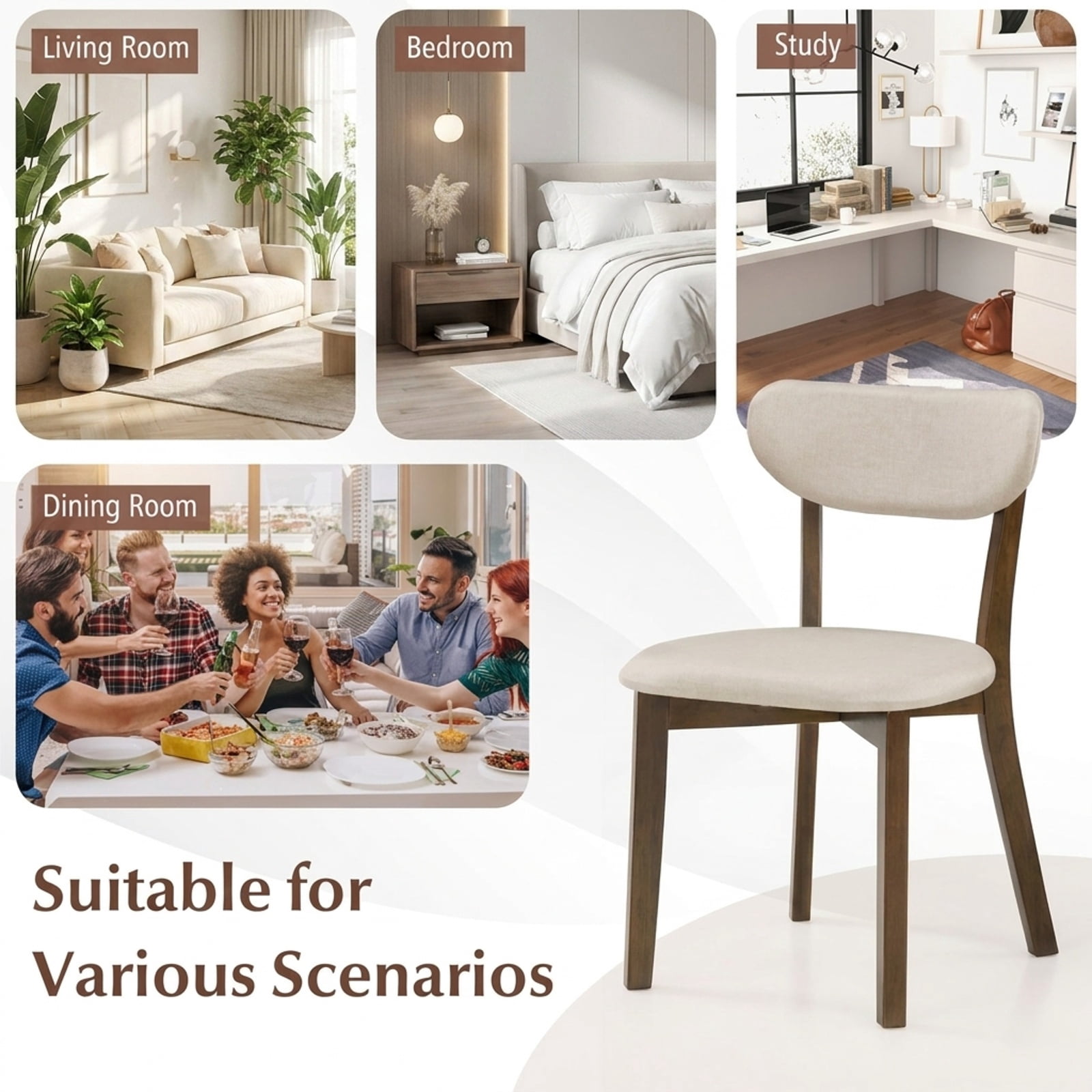 Furnibear Dining Chairs Set of 2 Upholstered Mid-Back Chairs with Solid Rubber Wood Frame for Kitchen Dining Room Living Room Home, White