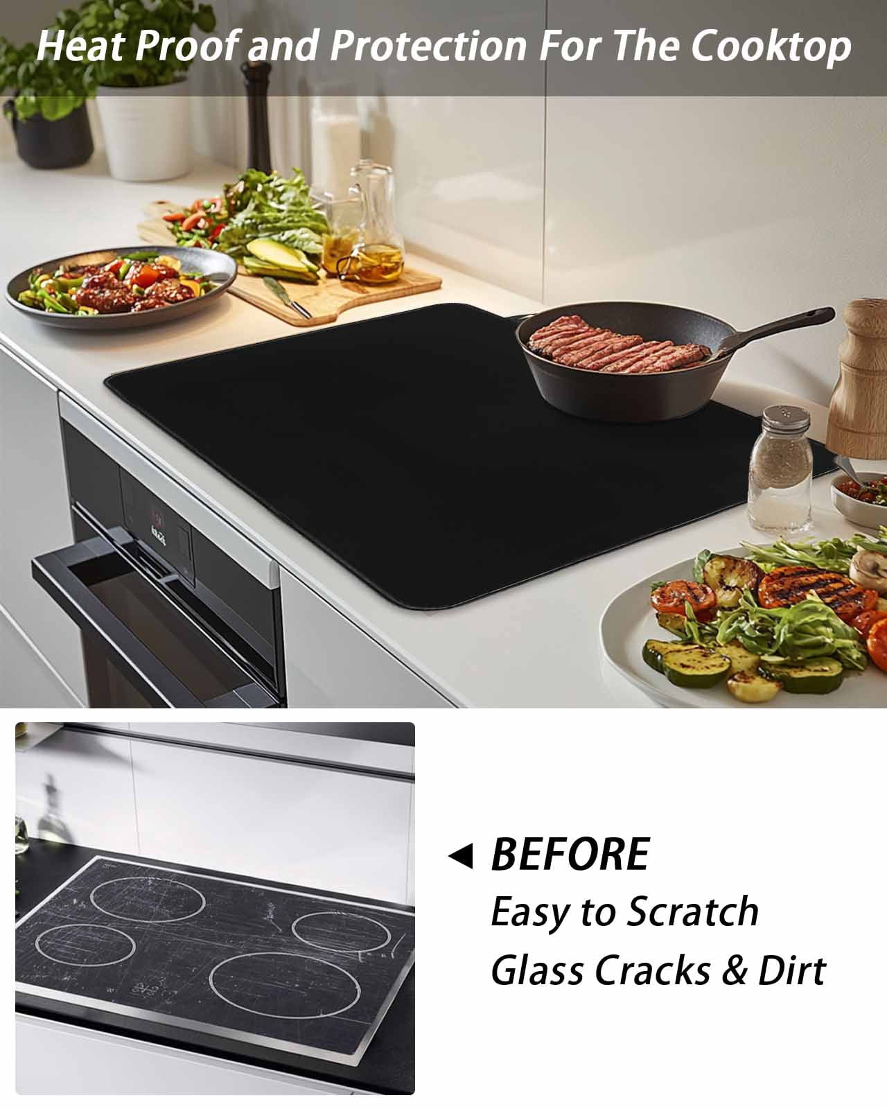 Stove Top Covers for Electric Stove, Black Glass Stovetop Cover Protector, Pure Black Induction Cooktop Protector Oven Mat for Kitchen Countertop 24"x21"