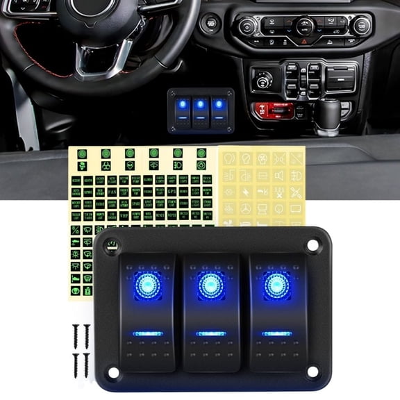 Waywe 3 Gang Aluminum Rocker Switch Panel Toggle Dash 5 Pin ON Off Pre Wired Rocker Switch Blue Backlit Switch for Automotive Cars Boats RVs