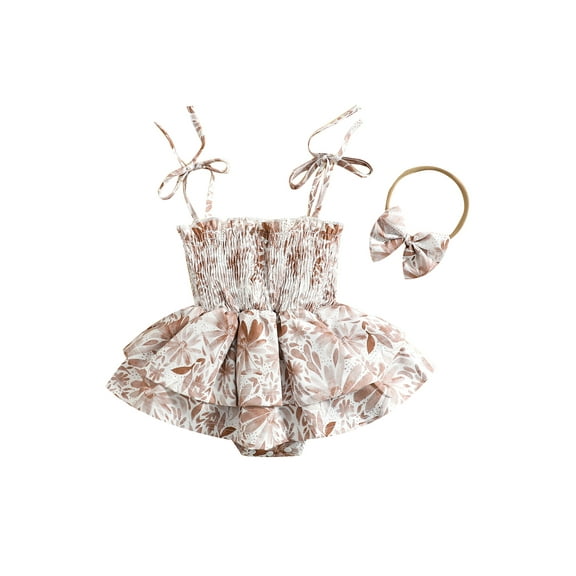 Bagilaanoe Newborn Baby Girl Romper Dress Sleeveless Floral Printed Tie-Up Pleated Bodysuit Headband 3 6 12 18 Months Summe Set