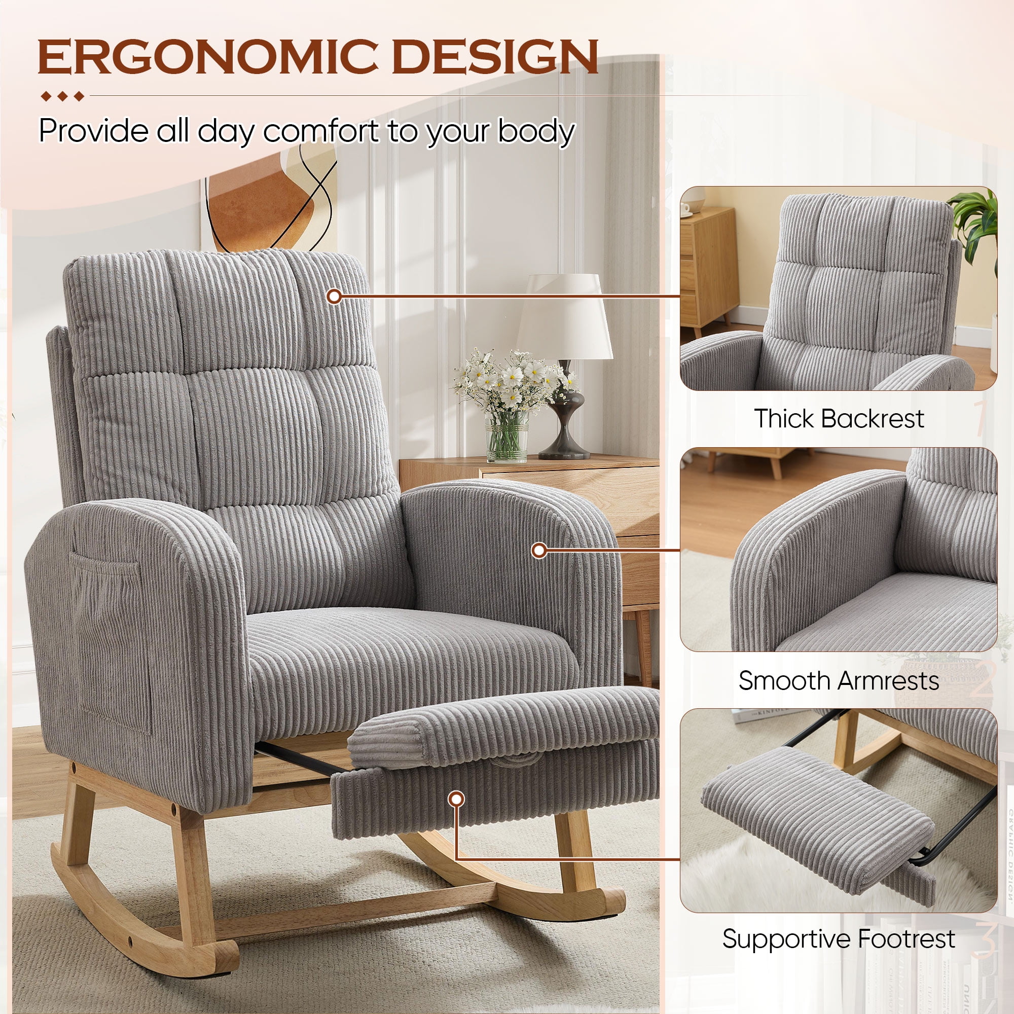 FFH Rocking Chair with Footrest, Rocking Chair for Nursey, Corduroy Armchair with High Backrest and Side Pockets, Accent Chair for Living Room, Bedroom, Gray